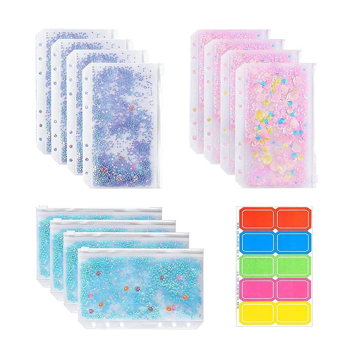 

12Pcs A6 Glitter Zipper Binder Pockets with 2 Labels,Binder Budget Cash Envelopes, for 6 Ring Refillable Binder Notebook Planner