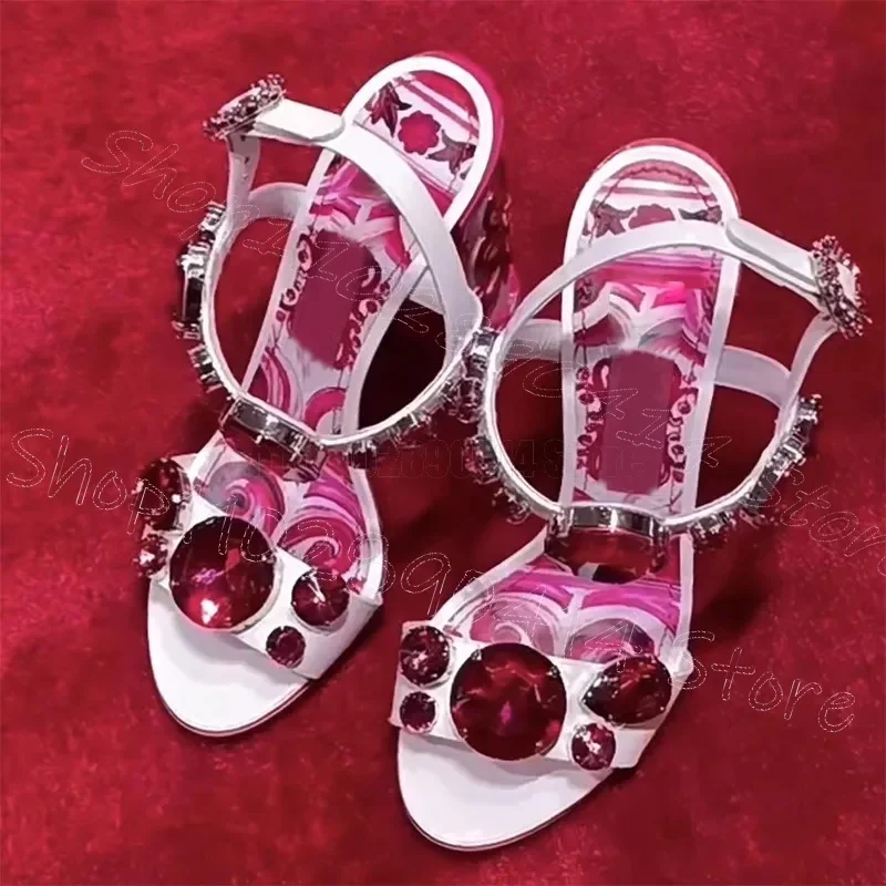 

Summer Newest Bohemian Style Chunky Heels Sandals Women Open Toe Flower Printed Ankle Strap Party Heels Crystal Dress Shoes