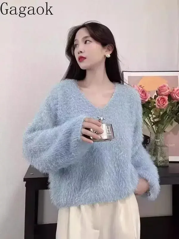 Gagaok Imitation Mink Fur Short Pullover Sweater Women Autumn Winter Knitted Top Korean Style V Neck Simple Solid Pull Femme