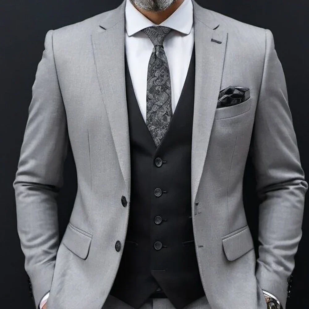 Elegent Grey Suits For Mens Formal Bussiness Blazer Wedding Tuxedo Daily Slim Fit 3 Piece Set Jacket Vest Pants Terno Masculino