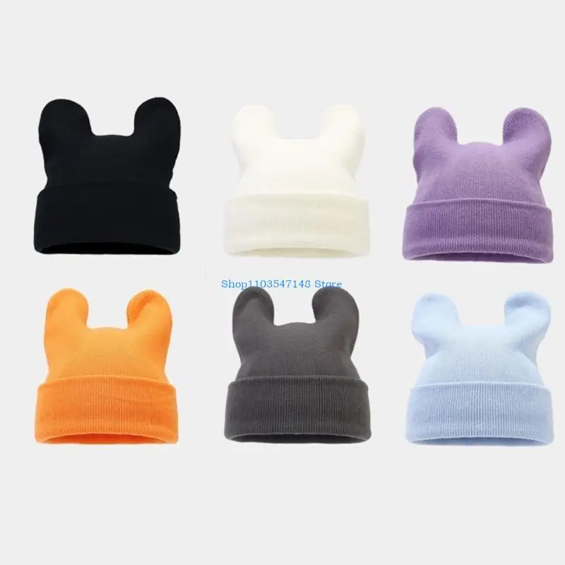 

P88B Y2k Teens Winter Beanie Solid Color Hat Handmade Cow Ear Hat Casual Wear