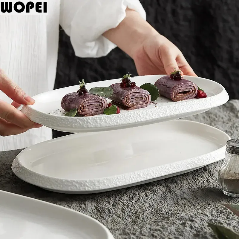 Stone Patterned Edge Oval Plate Ceramic Tableware Fish Plate Dessert Plate Sushi Dish Steak Plates Molecular Cuisine Tableware