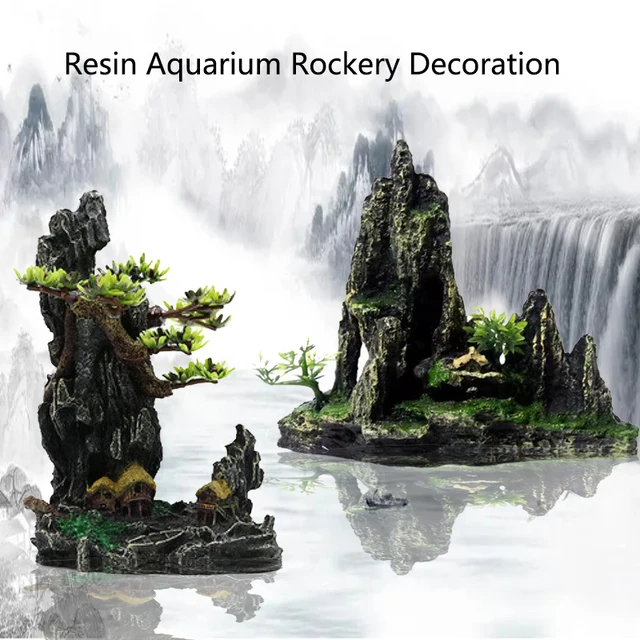 Żywica Akwarium Rockery Mountain Dekoracja Sztuczny widok Rock Cave Stone Tree Fish Tank Ornament Aquarium Decor Home New