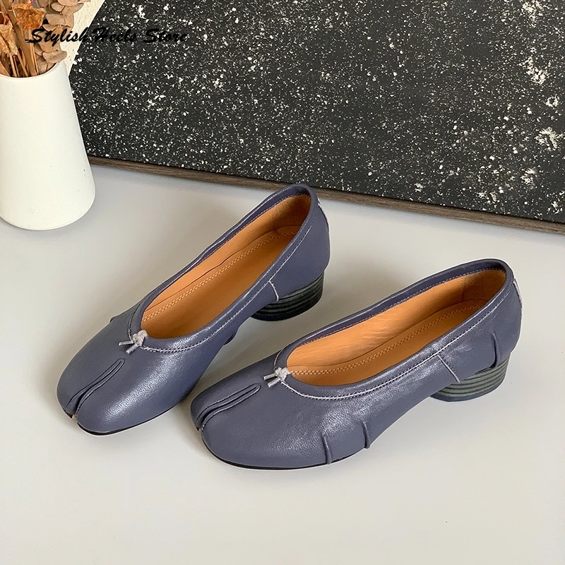 Stylish Split Toe Block Heel Pleated Leather Pumps Women Shallow Slip On High Heels Fashion All Seasons Casual Ballerina Shoes