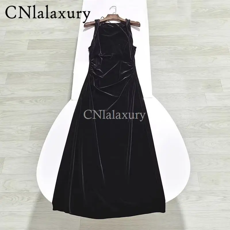 CNlalaxury 2024 primavera donna velluto senza maniche pieghettato Slim Midi Dress femminile Sexy Party Vestidos Vintage Street Tank Dresses