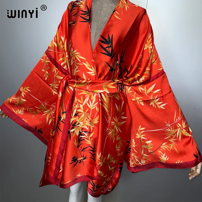WINYI new kimono beach outfits women Swim Suit Cover up boho Cardigan stitch Self Belt Holiday long Sleeve coat holiday kaftan