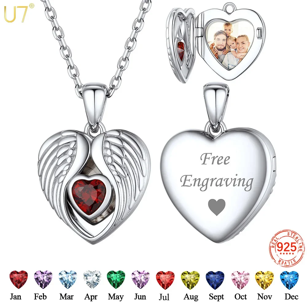 

U7 925 Silver Angel Wings Heart Locket Custom Photo Necklace for Her Laser Engrave Memorial Family Picture Personalized Jewelry