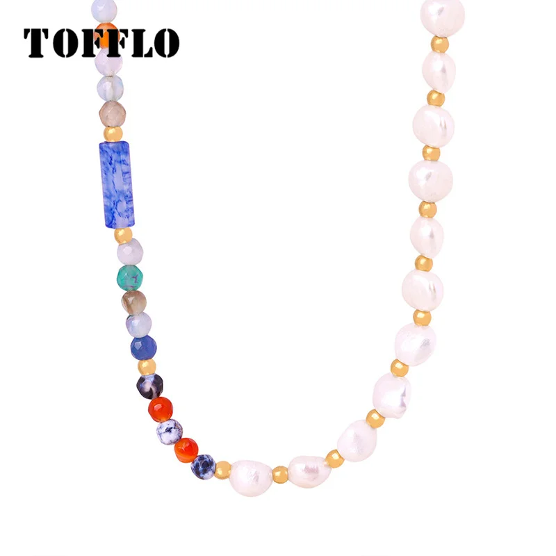 

TOFFLO Stainless Steel Jewellery Colorful Natural Stone Baroque Handmade Beaded Necklace For Women's Collarbone Chain BSP089