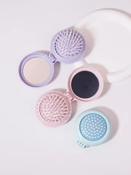 portable circular pocket comb with mirror hairstyle folding mirror plastic air cushion massage comb Special for real hair wigs