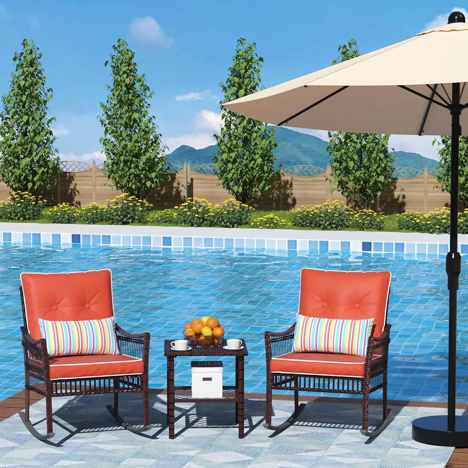 

Outdoor rocking chair 3-piece set, terrace conversation front porch furniture, willow rocking chair, small bar coffee set