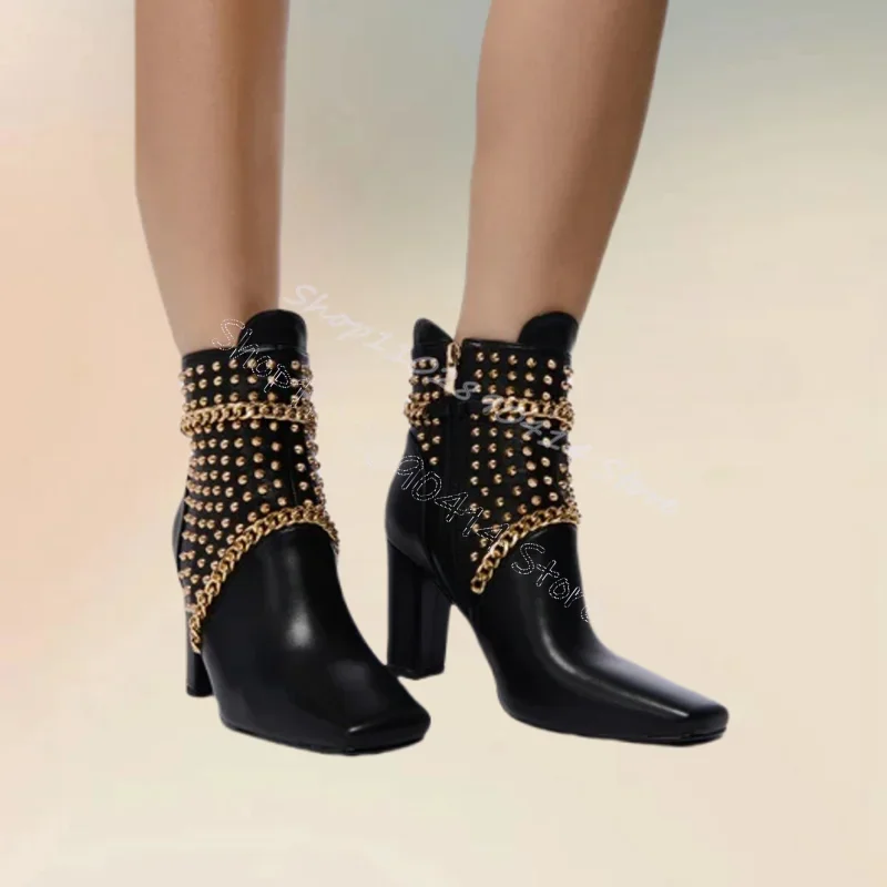 

Gold Chain Rivets Decor Black Square Toe Boots Side Zipper Women Shoes Chunky High Heels Party Banquet 2024 Zapatos Para Mujere