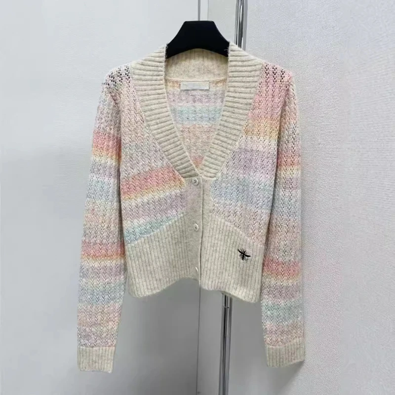 New Arrival Customized Tailor-Made Colorful Knit Sweater with Hollow Out V-Neck Cardigan for Women