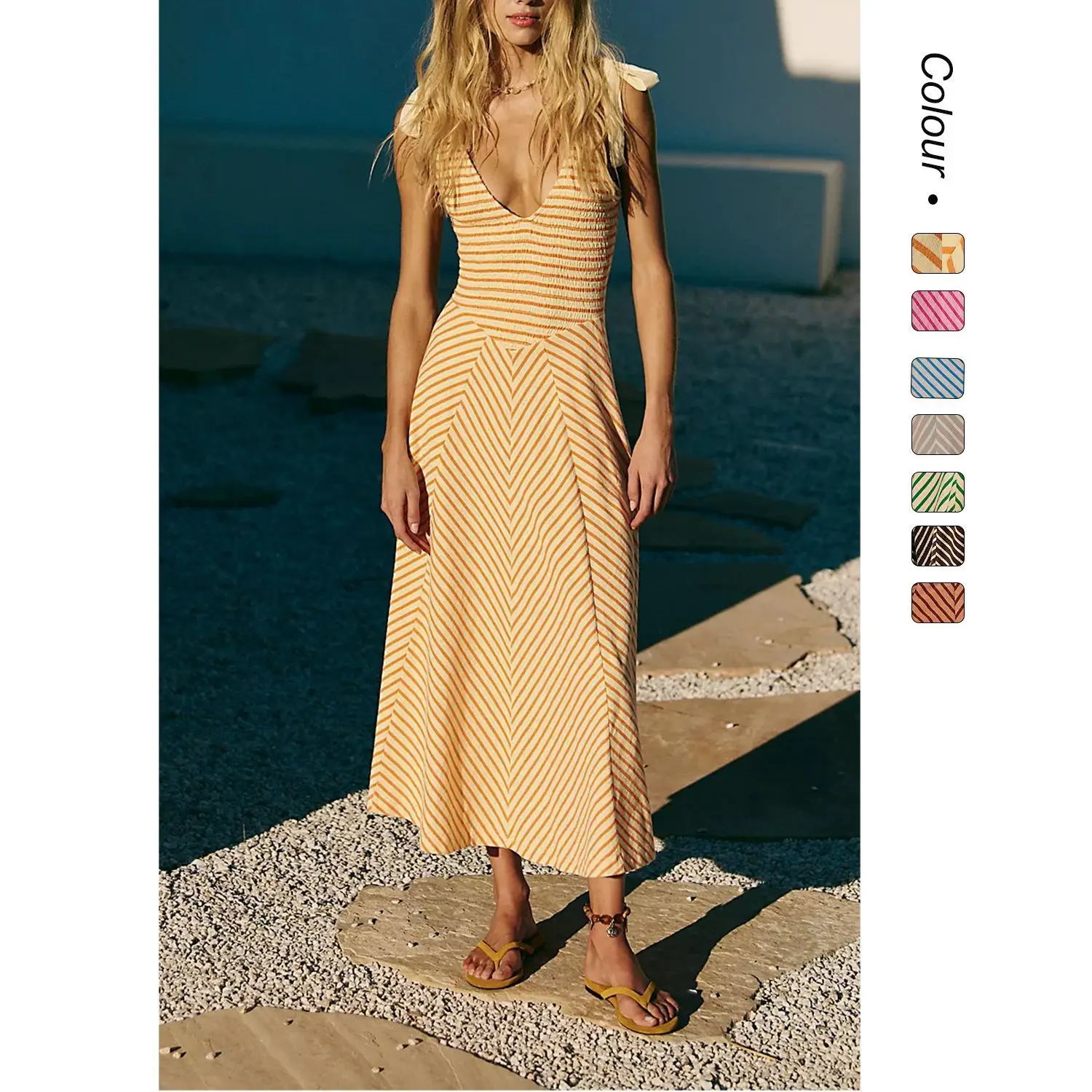 

2026 Summer New Women's Vacation Style Backless Tie Sexy Low-cut V-neck Dress 68692 Wedding Dress Elegant Femme Maxi Outfits