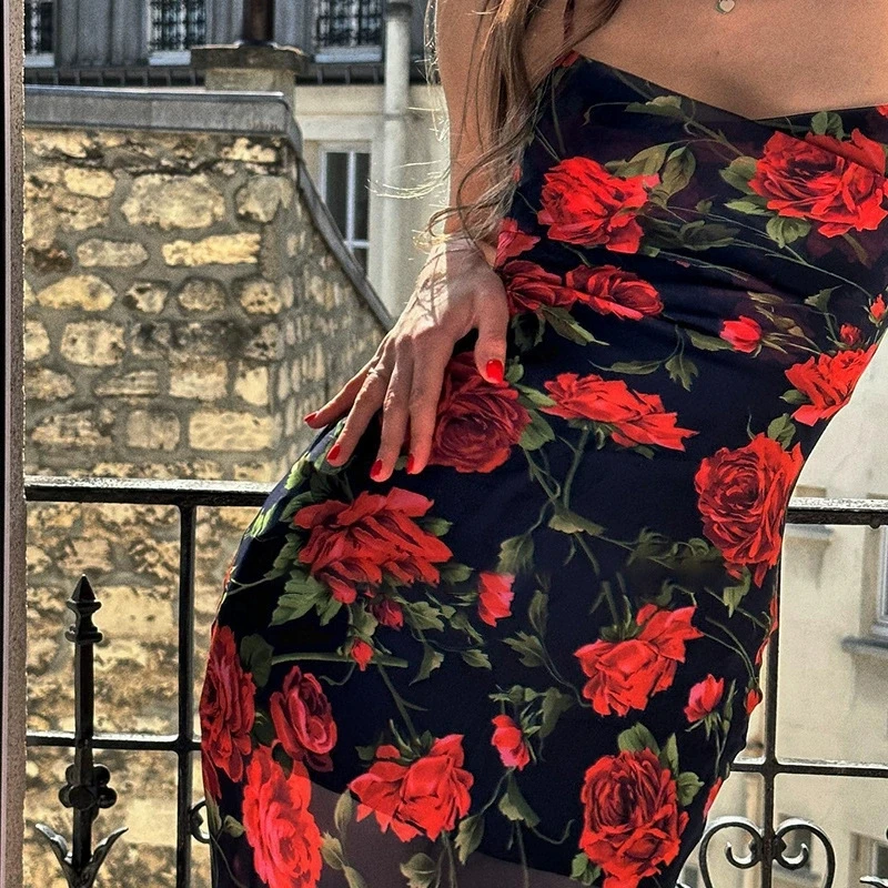 Flower Print Spaghetti Strap Party Club Dresses Women Trendy Streetwear  Pleated High Slit Dress Sexy Lady Package Hip Vestidos - AliExpress  200000345