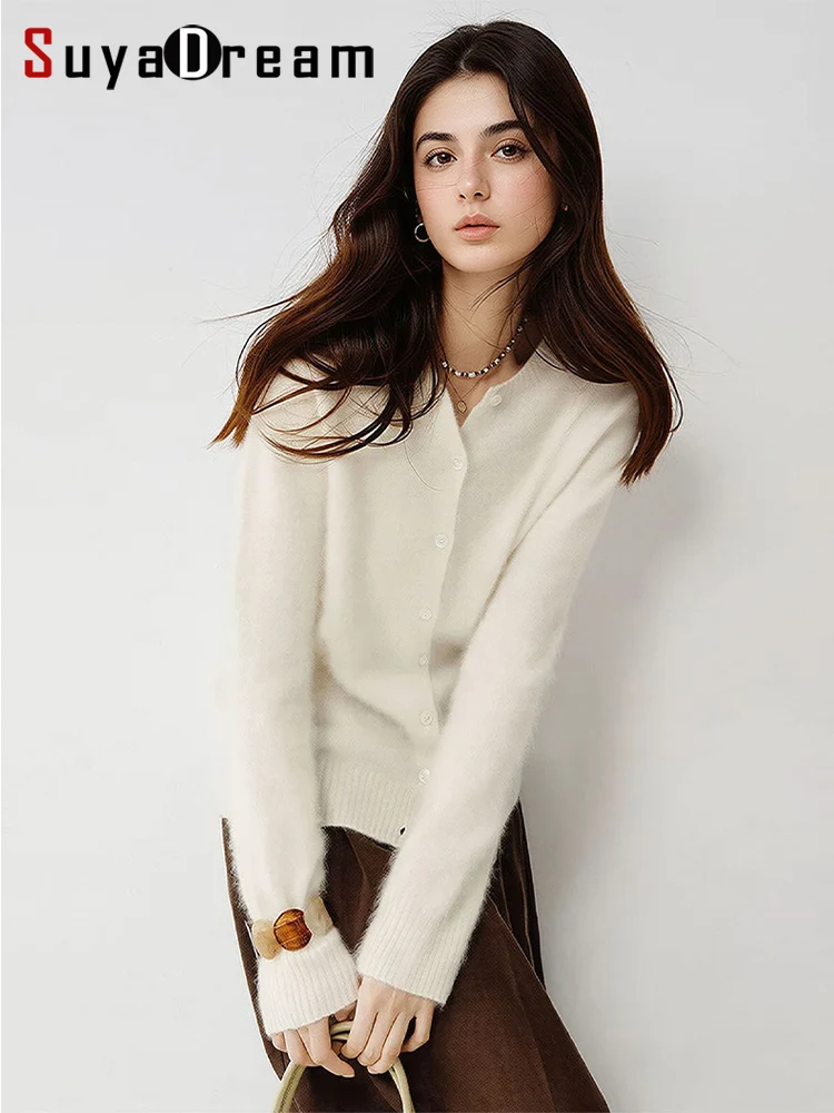 SuyaDream, Brushed Wool Knitted Cardigan Crew Neck Long Sleeve Casual Sweater Women Fall Winter Basic Outerwear