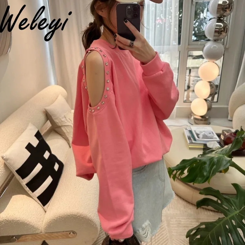 

Fashion Woman Off The Shoulder Handmade Diamonds Pink Hoodies Autumn Loose Long Sleeve Pullover Sweatshirt Hoodie Kawaii Clothes