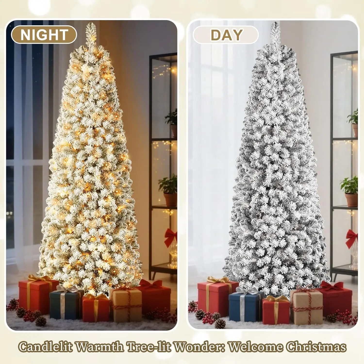 

7.5 FT Prelit Snow Flocked Slim Pencil Christmas Tree (Flocked Green) - 300 Warm White Pre-Installed Lights, 829 Lush Branches