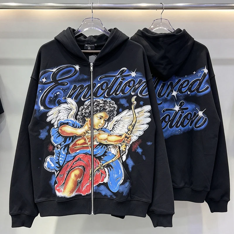 Fall Winter New Collection EMOTION Streetwear Full‑Zip Hooded Jacket Retro Angel Art Print Top