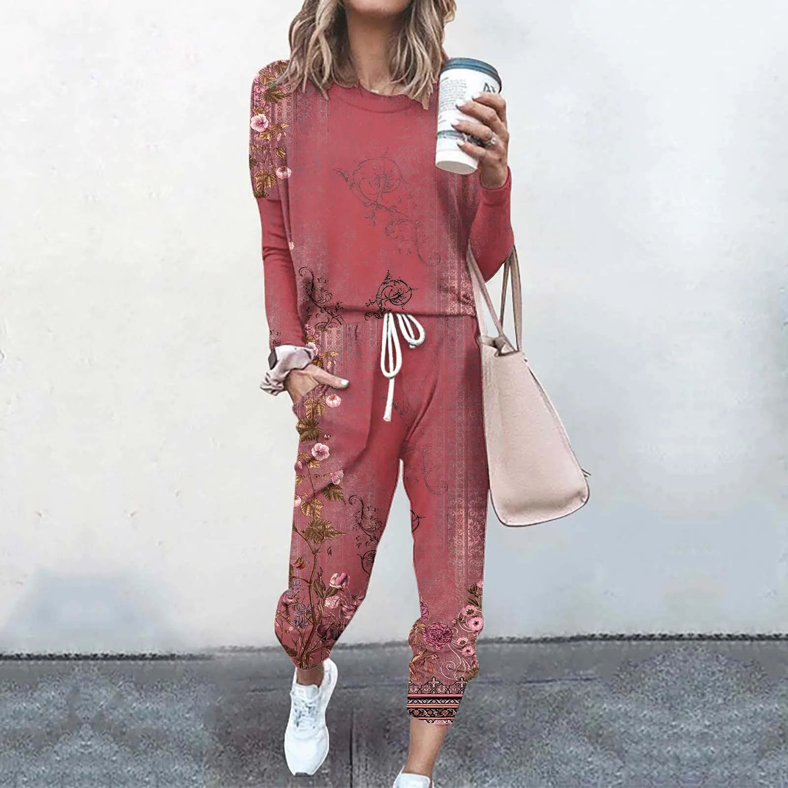 Fall spring Women Casual Sports Tracksuit Set Long Sleeve Hoodie+Drawstring Trousers Women Two Pieces Matching Suits Vintage Set