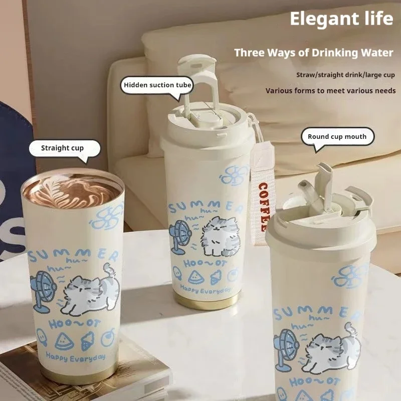 520ml Cute Cartoon Cat Insulated Cup High Appearance Stainless Steel Straw Cup Cold And Hot Insulation Double Drinking Cup
