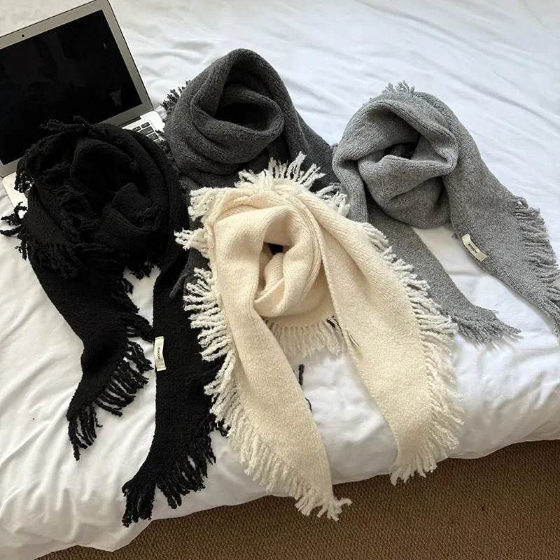 Korean Style Elegant Solid Wool Blend Wrap Women Winter Fall Versatile Tassel Thickened Warm Triangle Towel Knitted Woolen Scarf