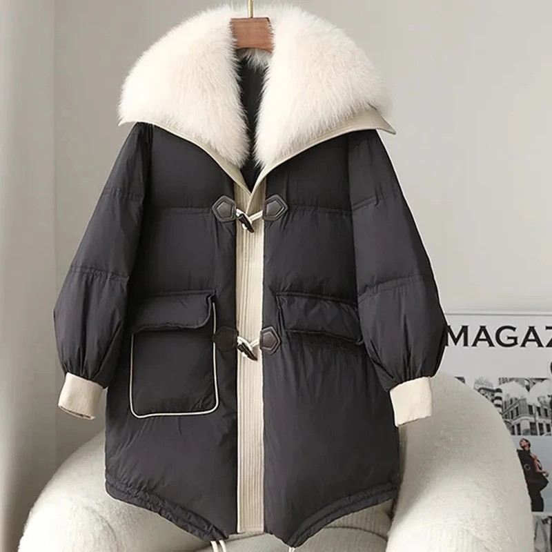 90% Down Jacket Women Autumn Winter 2022 New Artificial Fur Fox Overcame Horn Button Coats Fashionable Large Fur Collar Parka