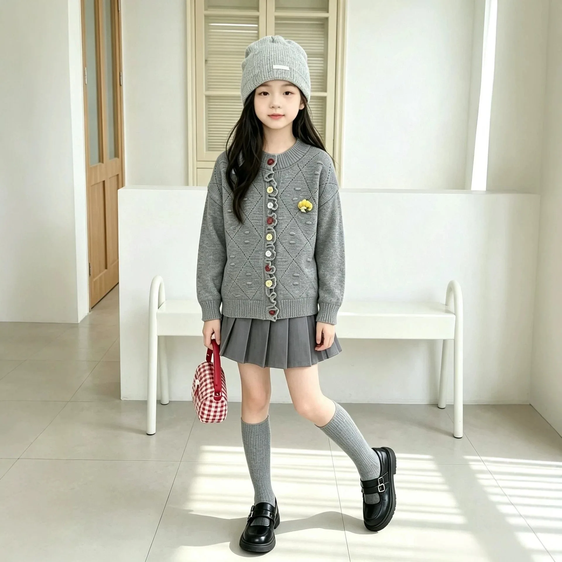 Girls Sweater Sets New Sweater Grid Hollowed-out Knit Colorful Button Flower Pleated Skirt Children Sets
