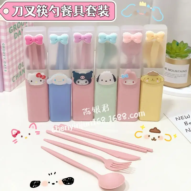 Sanrio Cute Hellokitty Mymelody Kuromi Tableware Knife Chopsticks Fork Spoon Four-piece Working Students Portable Tableware