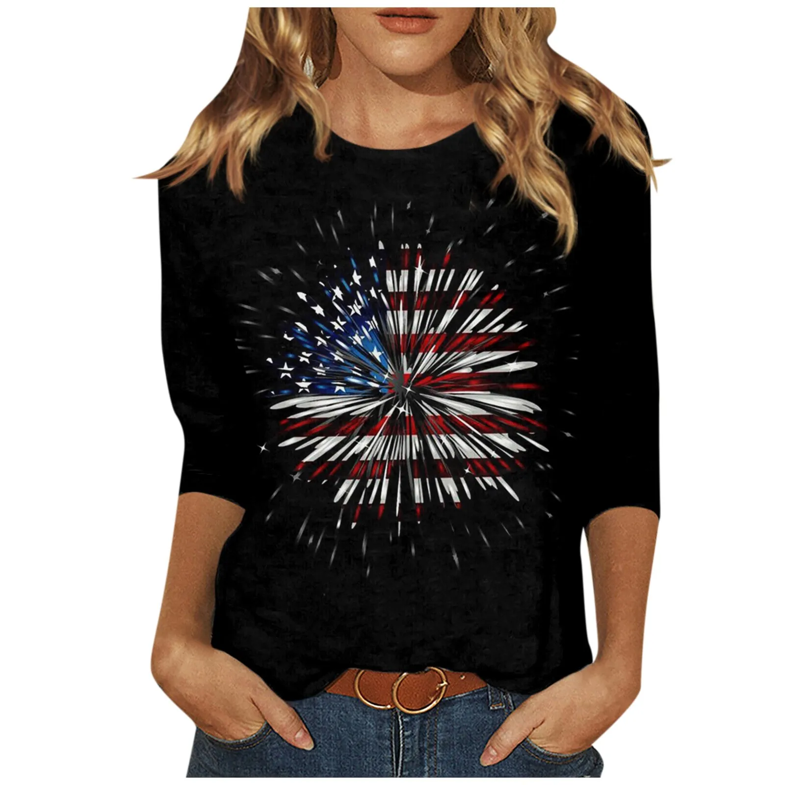 Women T Shirt American Flag Print Round Neck 3/4 Sleeve Independence Day 4th Of July Flag Tops Female Loose Patriotic T-shirts