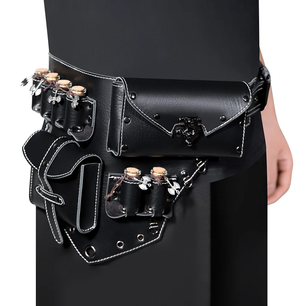 Tas Pinggang Kulit PU Hitam Gaya Retro Steampunk Eropa dan Amerika untuk Wanita, Sabuk Utilitas Gaya Gotik untuk Cosplay