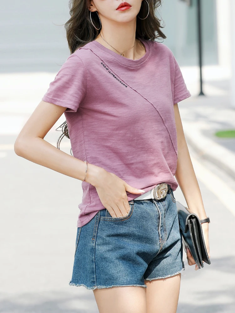 2026 Sommer T-Shirt Damen 100% Baumwolle Kurzarm-Shirts Tops O-Ausschnitt Shirt Tees Locker Sitzende Patchwork-Tops Lässig Hochwertig – Detail 6