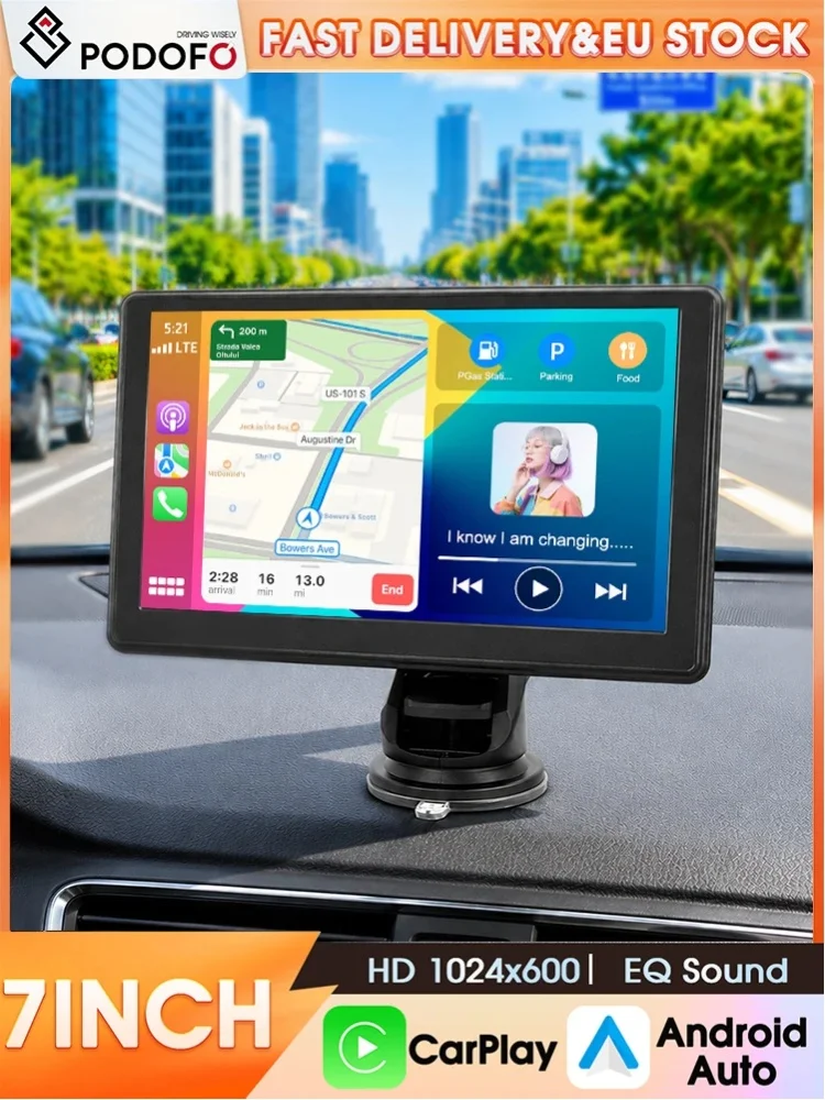 Podofo 7 Zoll Tragbarer Smart-Multimedia-Player für das Armaturenbrett, kabelloses CarPlay, Android Auto, Mirror Link, integrierte Dashcam, DVR-Recorder, Bluetooth, AUX, EQ, Audioanpassung,