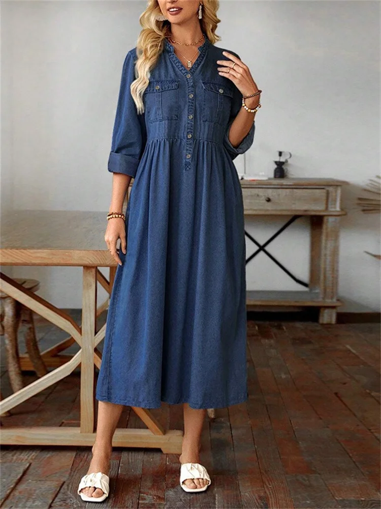 Wmstar Plus Size Denim Dresses for Women Clothes Button Solid Long Fashion Casual Elegant New Long Dress Wholesale Dropshipping