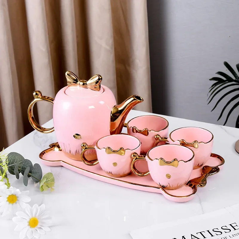 

#V hot sale ins style high-value with gold rim ceramic coffee cup set, living room home 150ML ceramic teapot set with tray