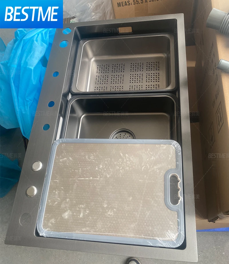 Stilvolles Küchenspüle-Wasserhahn-Set, multifunktionaler Wasserfallhahn aus Edelstahl 304, mit Einzel- oder Doppelschüssel-Option