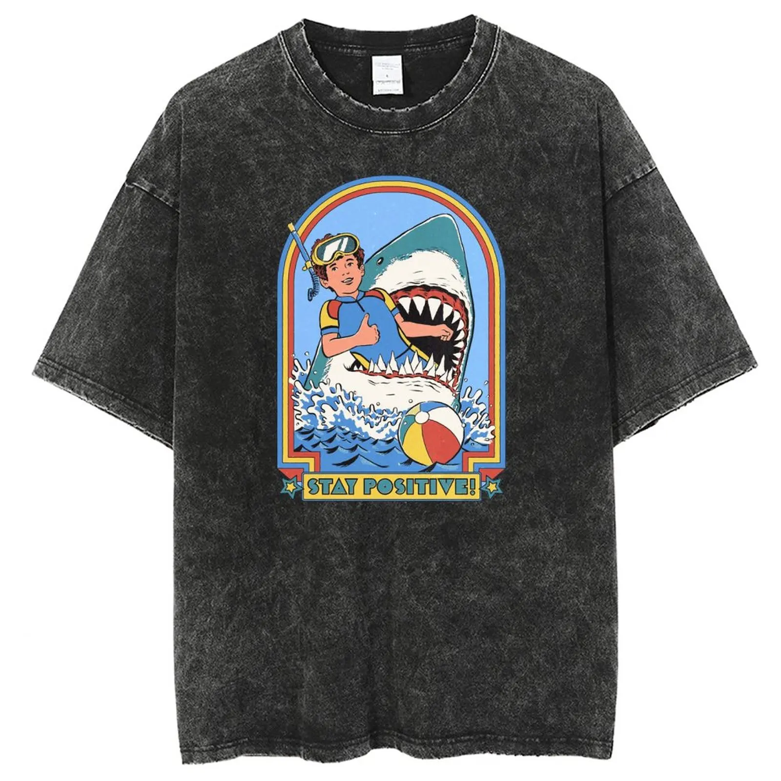 Anime Shark World Printed T Shirt Men, Retro Washed 100% Cotton Tops Tees, Harajuku Tshirt 2023 Streetwear Hip Hop Male T-shirts