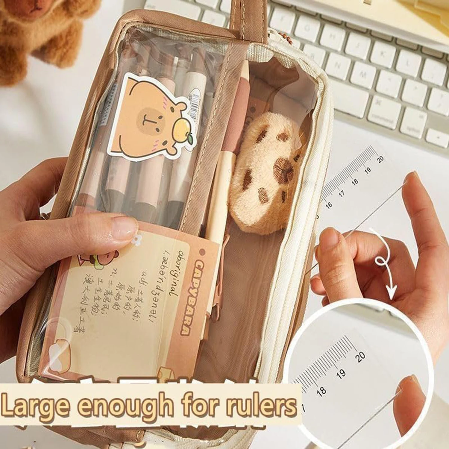 Cute Capybara Pencil Case School Supplies Clear Aesthetic Pencil Pouch with Cute Capybara Pins and Plush Stickers and Memo Pad