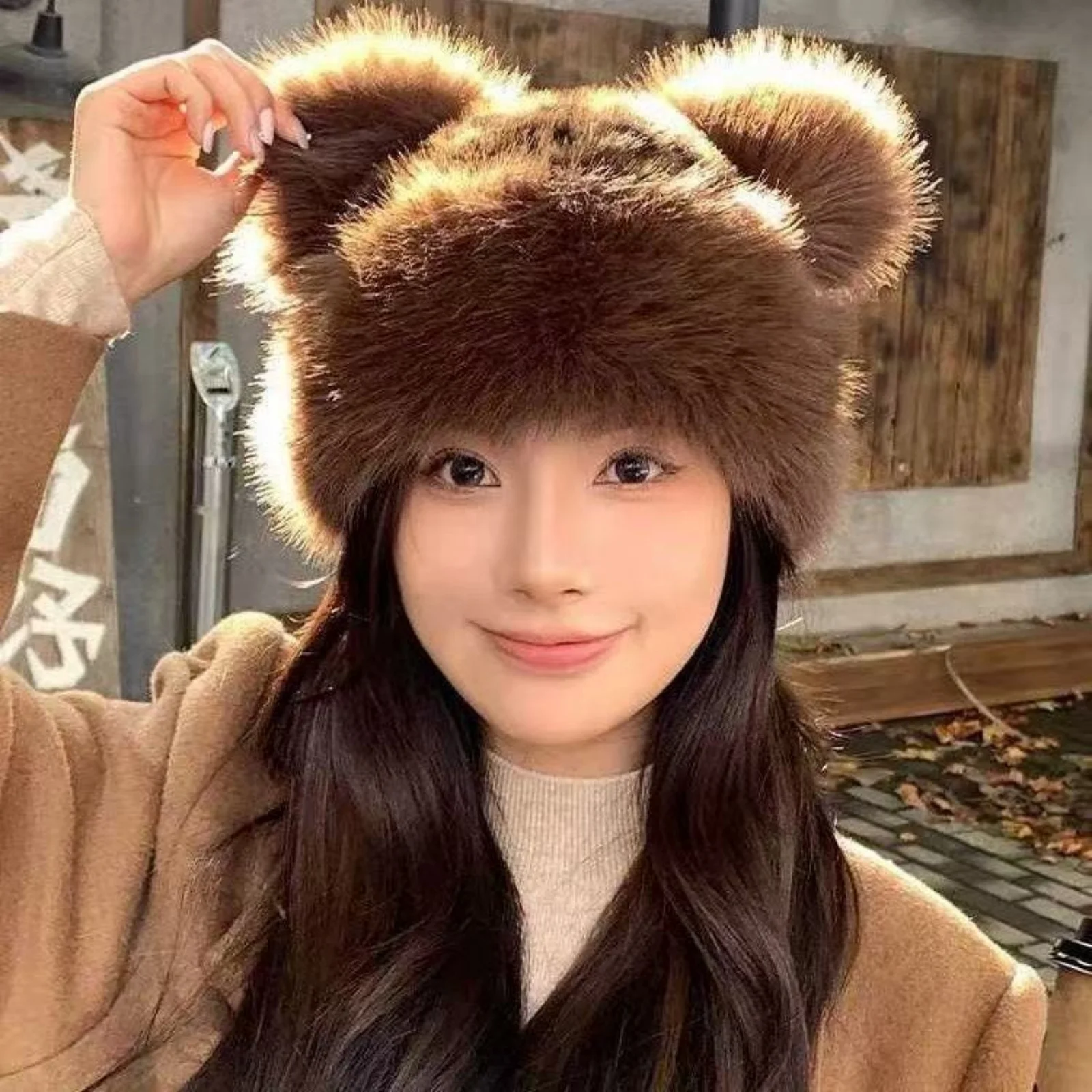 1PC Pelzmütze mit Leopardenmuster für Damen, süße flauschige Wintermütze mit Bärenohren, warmes, weiches Haar-Accessoire mit Tiermuster