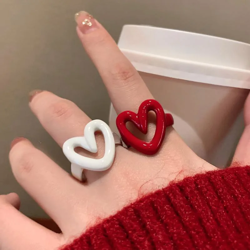Enamel Heart Open Ring for Women Y2K Sweet Dripping Oil Adjustable Finger Ring Geometric White Red Cute Jewelry Gift