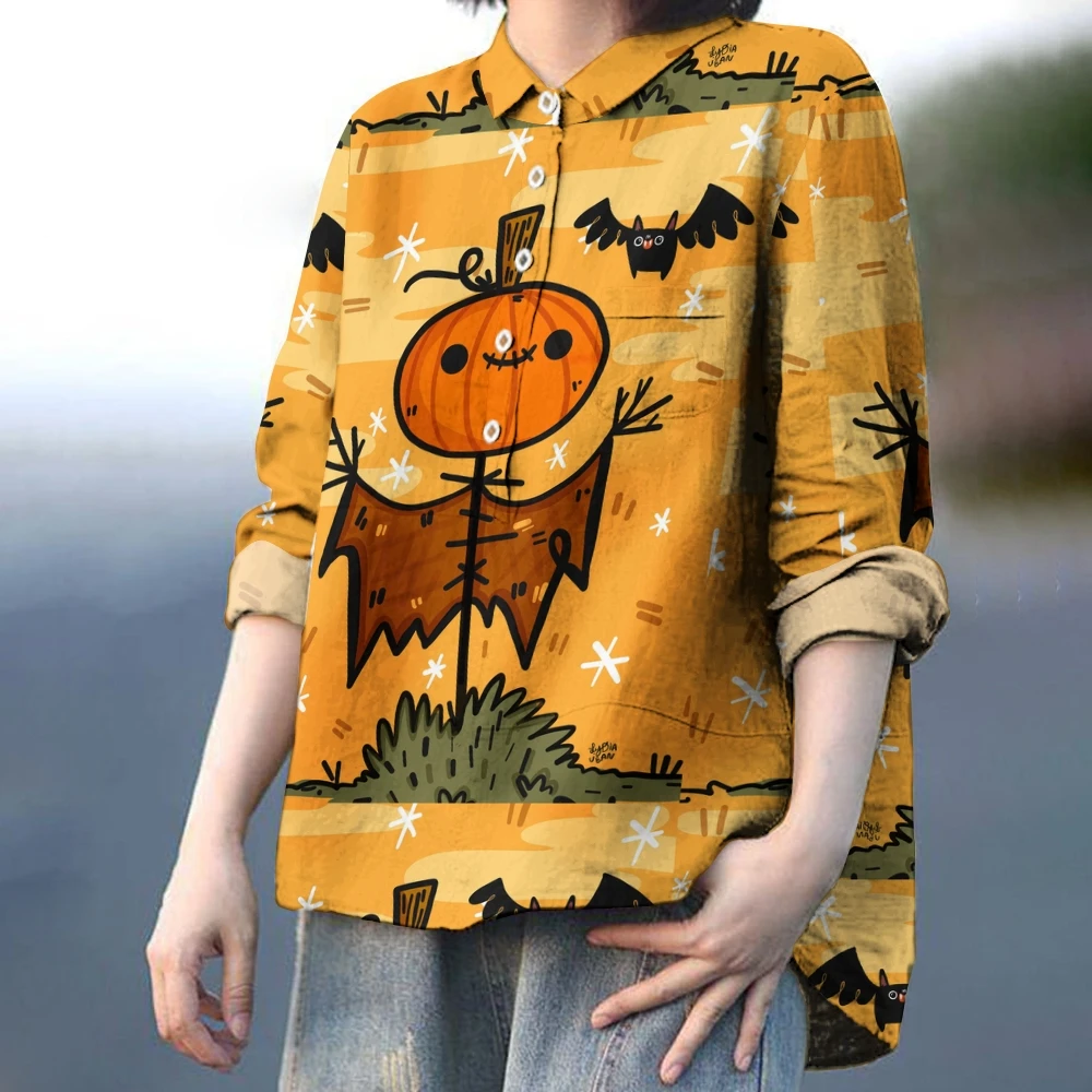 

Halloween Playful Black Cat Orange Pattern Women's Print Casual Shirt Cat Lover Outfit Vibrant Matisse Abstract Kitten Top Women