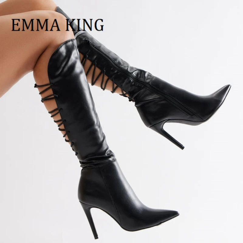 Women Back Lace UP Knee High Boots Closed Pointed Toe Thin High Heel Boot Cut Out Lace Up Stiletto Boot Woman's Plus Size 44