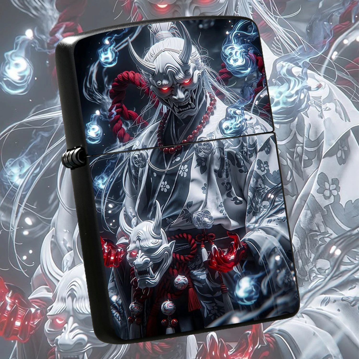 Japanese Style White Hannya Oni Themed Cool Stylish Blue Flame Decor Ornament PORTABLE Outdoor Collectible Creative Trendy Peripheral Ideal Gift for Men Durable Windproof Exquisite Gift Package A fun and humorous lighter