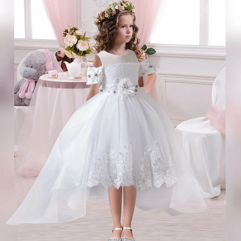 New Off Shoulder Flower Embroidery Wedding Birthday Tail Princess Dress  4-12 Year Old Shoulder Fluffy Dress