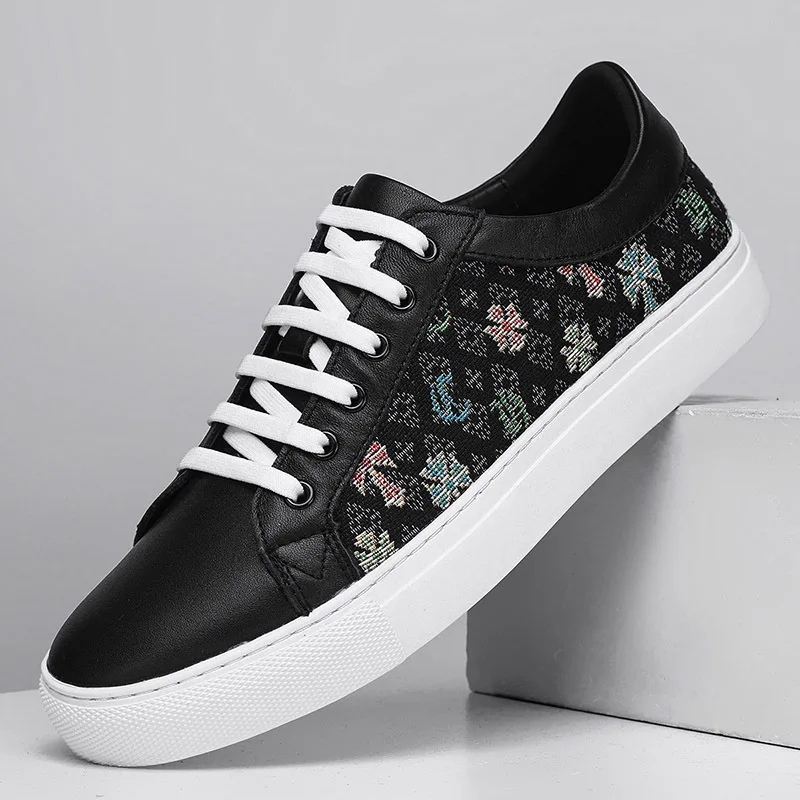 

New Shoes for Men Genuine Leather Casual Shoes Trend Print Patchwork Flat Skateboard Shoes Street Cool Sneakers