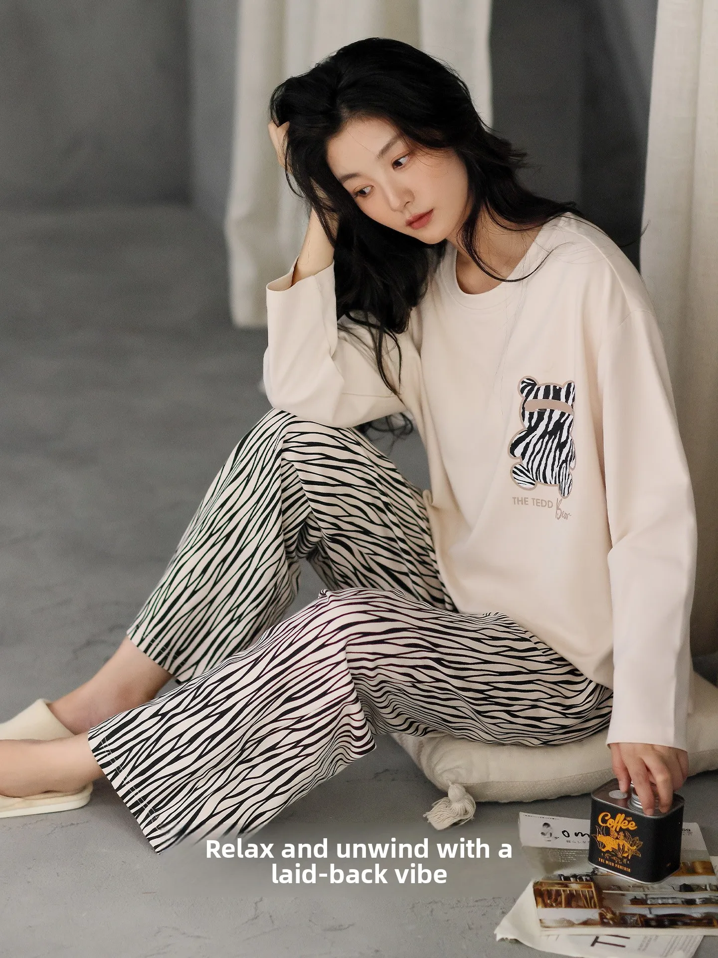 Pure Cotton Long Sleeve Sleepwear Set Women's Autumn Home Clothes Integrated Design with Chest Pad Comfortable Soft Fabric