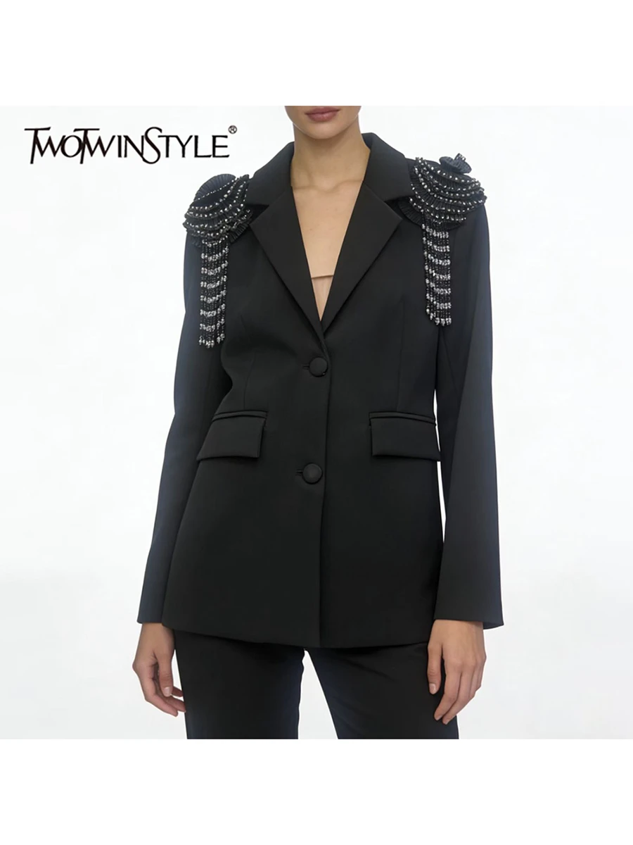 TWOTWINSTYLE Solid Spliced 3D Flower Vintage Blazers for Women Lapel Long Sleeves Loose Fashion Blazer Female 2026 Spring New