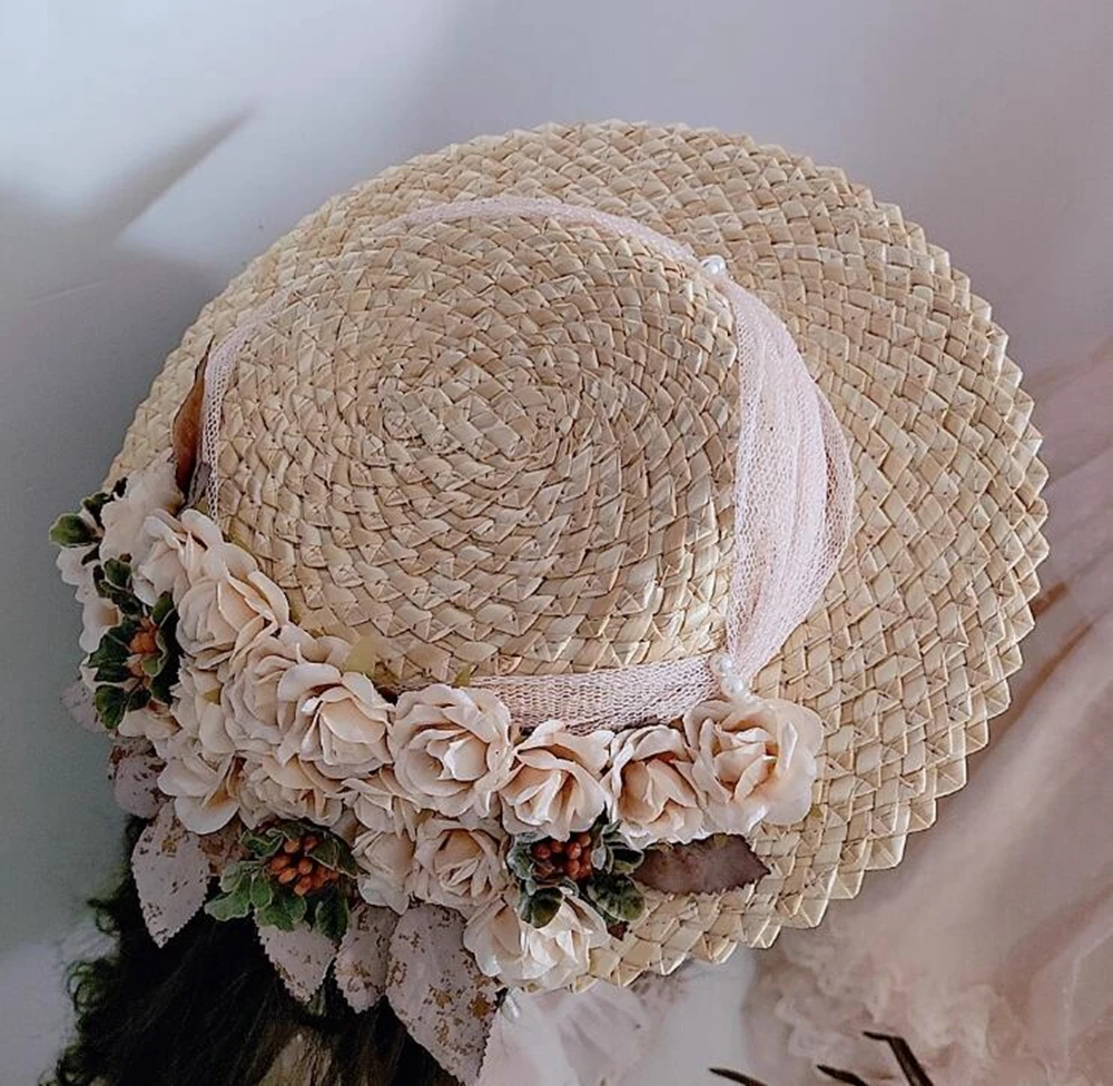 Retro Victorian Style Straw Hat Women Girls Summer Flowers Pastoral Lolita Sun Hat