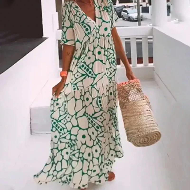 Summer Women's Printed Short-sleeved Dress Fashion Floral V Neck High Waist Loose Maxi Dress Holiday Beach Swing Sundress