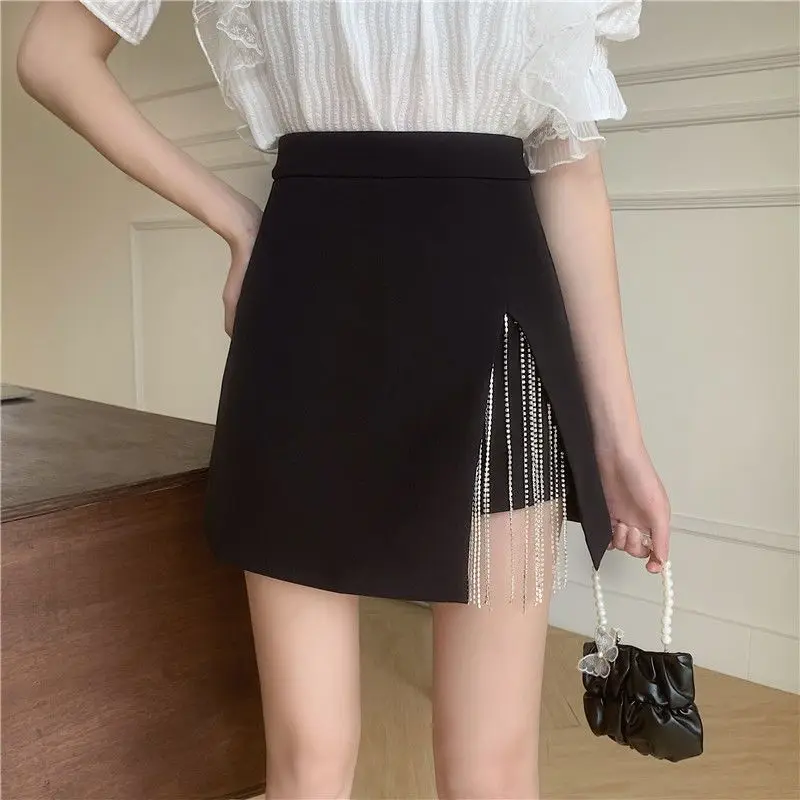 

Summer Black Pleated Skirts Fashion Casual Irregular Short Skirts With Tassel Sexy Mini Skirt Slim Women Party Skirts