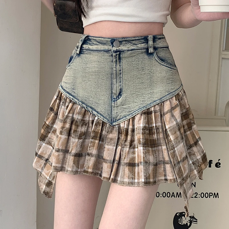 Retro Plaid Splicing Denim  Skirt Women's Travel Fashionable Short Skirt High Waist Asymmetrical Tourist Polyester Fiber